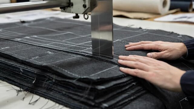 Industrial straightknife fabric cutting of suiting material focusing on sharp blade movement and multiple fabric layers showcasing tailoring preparation process.