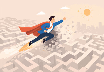  Breakthrough obstacle or problem with creativity, leadership determination to overcome difficulty and progress success concept, businessman superhero flying breakthrough difficult maze labyrinth.