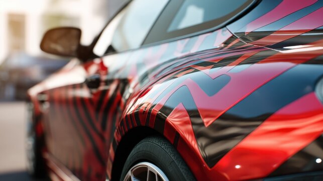 Red and black camouflage car wrap pattern on a modern vehicle. Close up of custom vinyl car livery for automotive advertising.