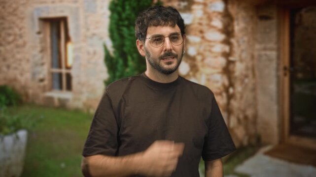 Hispanic man with beard and glasses touching nose with finger in front of stone building; thoughtful introspection.
