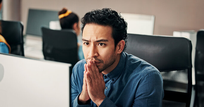 Anxious, trading or man in office with computer, crypto check or technical glitch on investment platform. Stress, coworker or broker in agency with desktop, account monitor or risk in stock market.