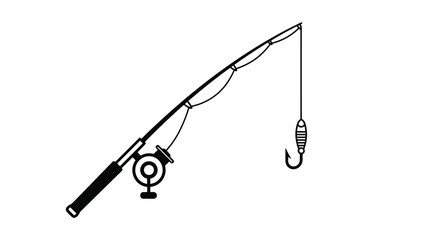Fototapeta premium Simple line art illustration of a fishing rod with a reel and dangling hook isolated on white background for outdoor hobby.