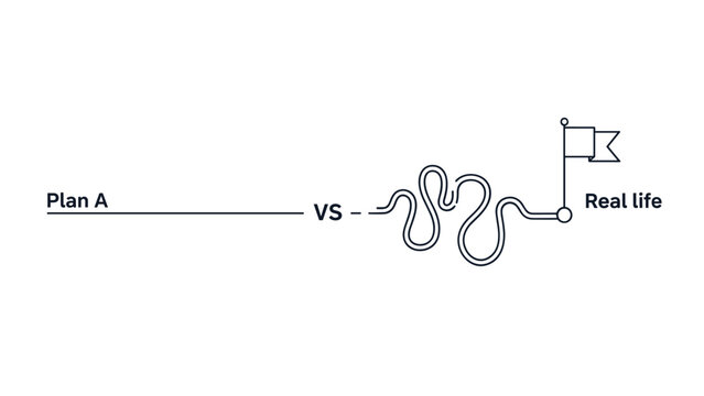 Comparison concept of Plan A versus Real Life showing a straight line path compared to a messy tangled line towards a goal.
