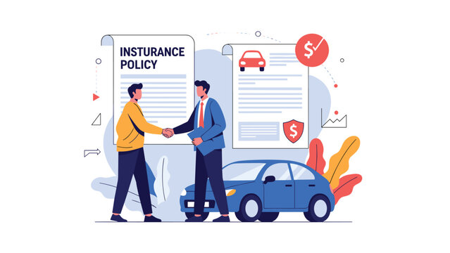 Business partners shaking hands in front of car insurance policy documents and a blue vehicle for successful deal completion.