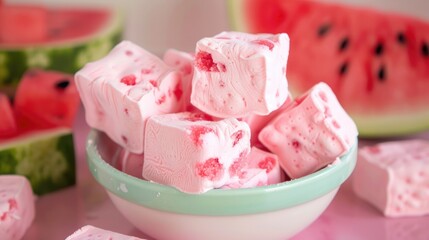 Pink and green marshmallows made from fresh watermelon and melon in the shape of cubes. A delicate and sweet dessert.