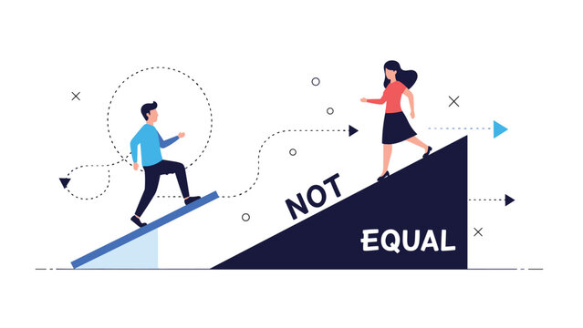 Conceptual illustration of gender inequality showing a man climbing a small ramp while a woman faces a much steeper hill.