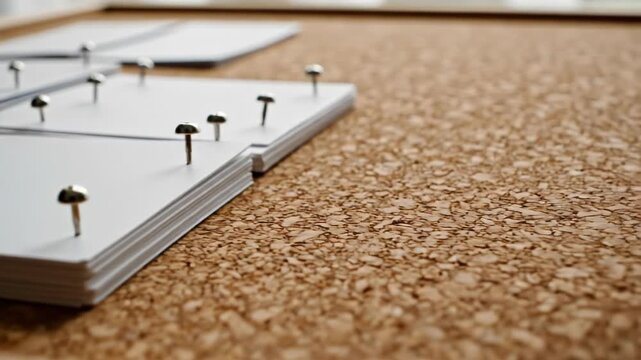 Finger placing tack on stack of white cards on corkboard