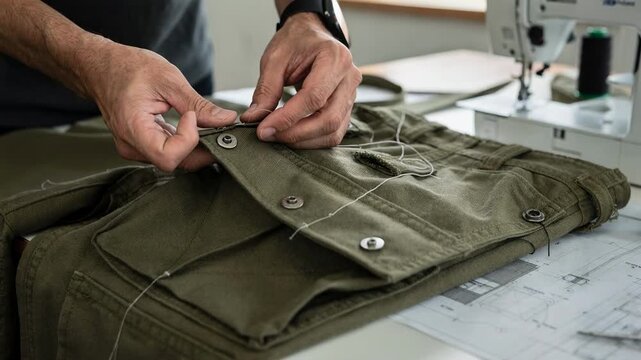 Tailor fitting snap button closures on spacious gusseted cargo pockets for utility pants emphasizing the blend of practicality and style during construction.