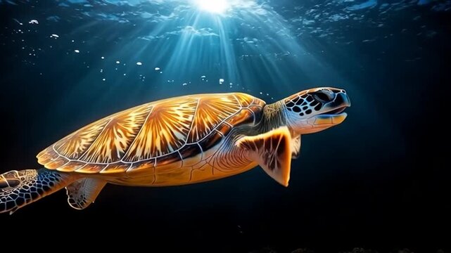 Majestic Sea Turtle Swimming Gracefully in Deep Blue Ocean with Sun Rays, Marine Life and Underwater Coral Reef Video Footage
