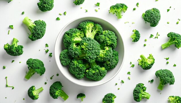 Overhead shot shows broccoli florets in a bowl and scattered on a white surface