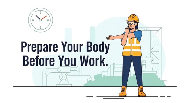 An illustration showing a worker in a hard hat and safety vest stretching, with the text 'Prepare Your Body Before You Work' and an industrial background.