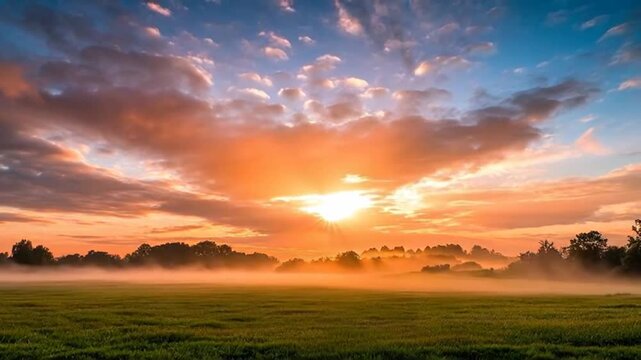 Vibrant Sunrise Over Misty Field with Dramatic Clouds and Warm Light, Beautiful Morning Nature Landscape and Foggy Meadow Video Footage