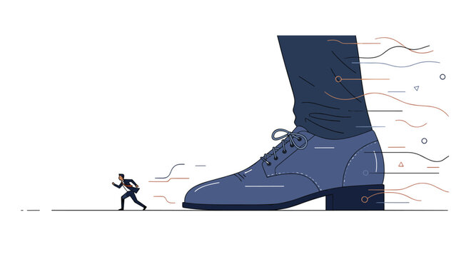 Small businessman running away from a giant corporate boot for pressure oppression and workplace fear metaphors in society.