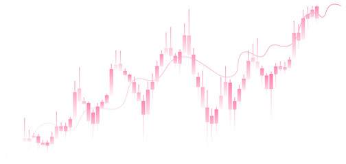Naklejka premium Bullish candlestick chart with rising trend and light pink white gradient candles with moving average indicator line isolated on transparent background