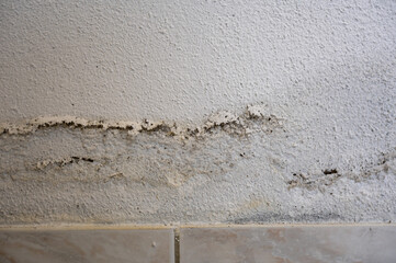 Damaged damp house wall with damp patches after a water pipe burst