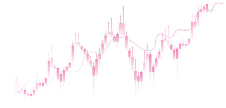 Bullish candlestick chart with rising trend and light pink white gradient candles with moving average indicator line isolated on transparent background