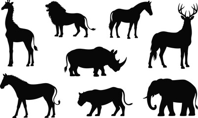 Black silhouette vector set of wild safari animals including lion elephant giraffe rhino zebra horse and deer isolated on a white background for design © MstShefaly