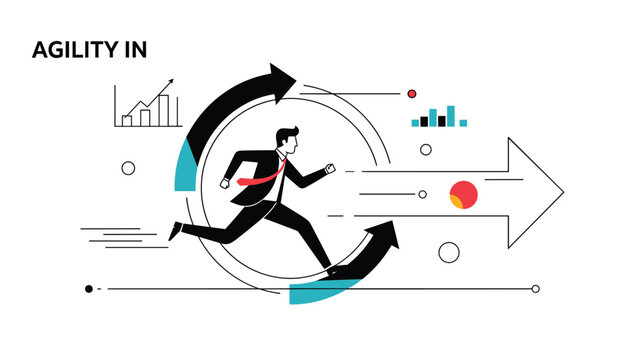 Business agility concept showing a man running through a circular arrow path with data charts and a large forward-facing arrow.