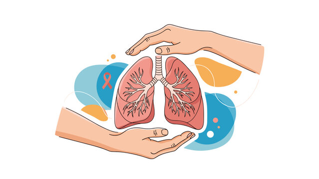 Two human hands gently cupping and protecting a pair of healthy lungs illustrated with abstract shapes and a cancer ribbon.