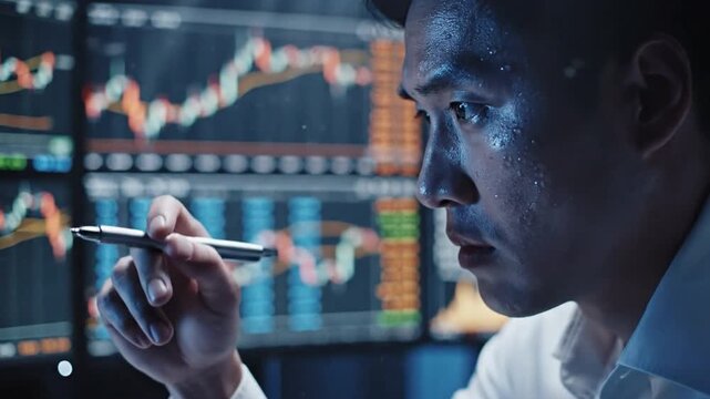 Financial Analyst in Deep Focus: An intense analyst, immersed in the complexities of the stock market, studies dynamic charts on multiple screens. Capturing dedication and data analysis