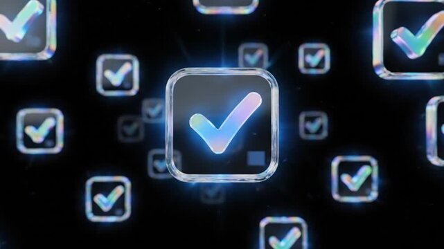 Abstract Animation of Multiple Glowing Checkmark Icons Floating in Dark Space Representing Success Approval Verification and Task Completion.