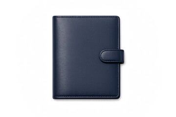 Elegant dark blue leather wallet with button closure on gradient background