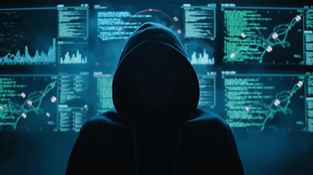 Anonymous Hacker in Black Hoodie Standing Before Multiple Data Screens with Glowing Code and Digital Maps in Dark Room