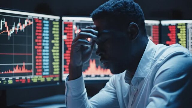Financial Crisis: A trader is overwhelmed by a financial market crisis, stress etched across his face as he grapples with the pressures of the trading floor.