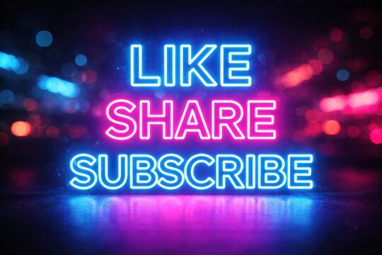 Vibrant neon text like share subscribe against a blurred city lights background