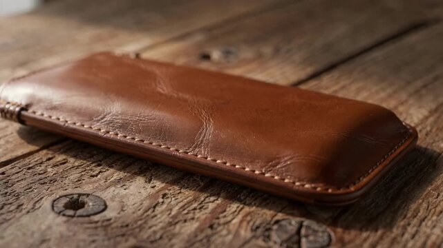 Closeup of a horizontal leather phone slip case with precise stitching and polished finish resting on a rustic wooden table to emphasize minimalist design.