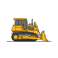 Cartoon yellow bulldozer with front blade side view