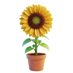 Fototapeta premium A vibrant sunflower in a small pot with green leaves isolated on transparent background