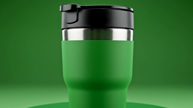 A sleek green travel mug with a metallic band and black lid rests on a solid green backdrop