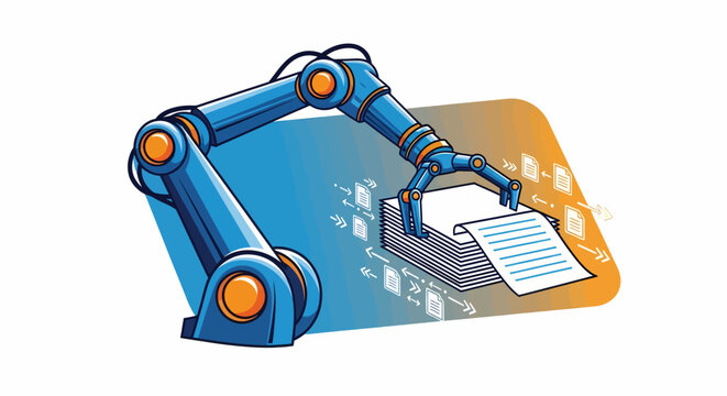 Robotic arms handling documents on a blue digital interface with orange accents