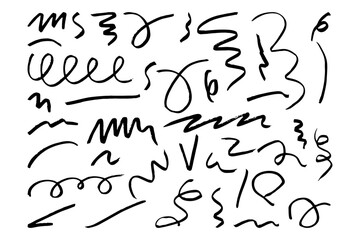 Obraz premium Collection of hand drawn black childish doodles grunge scribbles elements Rough brush strokes isolated on white background Abstract artistic elements for design, typography, posters, branding textures