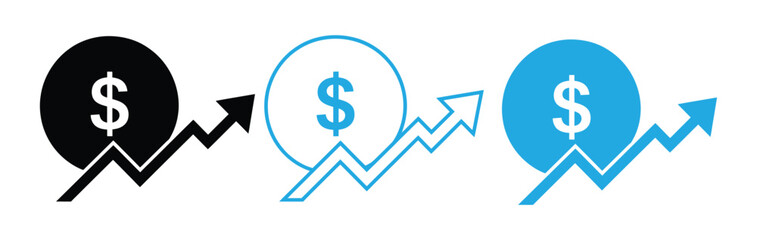 Financial growth icons with dollar signs and arrows. Inflation icon vector set. Dollar chart and graph rise up. Financial cost and price increase symbol.