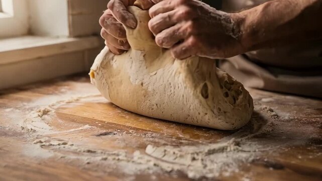 Medium shot of hands gently stretching and folding rustic bread dough on a wooden floured surface highlighting the textured crust formation process.