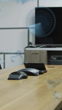 Vertical video: Monitor starting radar, table with 3 units, tablet showing sweeping HUD dial for AV