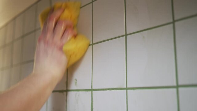 Meticulous worker's hand carefully cleans excess material from freshly grouted white tiles using a damp yellow sponge during a kitchen renovation