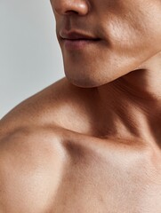 close-up of East Asian male shoulder under clean clinical lighting, healthy smooth skin texture