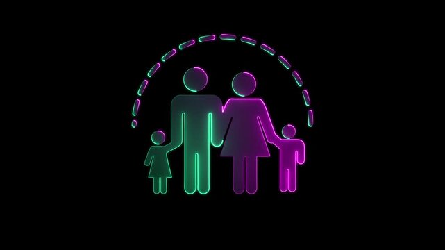 Neon Family Symbol Animation on Dark Background, Glowing 2D Icon of Parents and Children, Seamless Loop, Futuristic Motion Graphics, UI Element, App, Website, Presentation, Video, Office Design