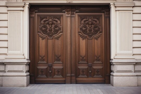 Ornate carved double wooden doors with decorative pillars creating a grand entrance