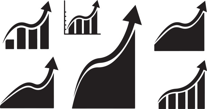 Black and white business growth chart icons with arrows
