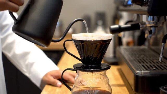 arab man wearing white thobe making coffee with v60 dripper, pouring hot water using gooseneck
