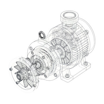 Detailed wireframe drawing of a centrifugal pump with an exploded view of its internal components.