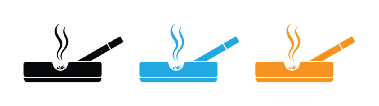 ashtray icons with cigarette smoke. Cigarette butt in ashtray silhouette and line art icon for smoking warning signs.