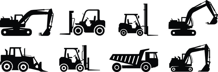 Construction machinery silhouettes set including excavator, forklift, loader and dump truck, heavy equipment vehicles collection isolated on white background vector illustration © Shafik Creatives