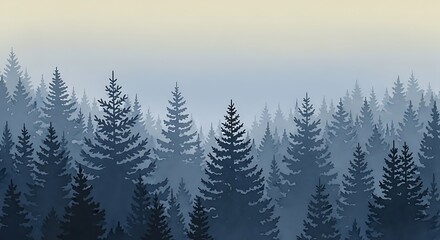 Obraz premium Misty forest landscape with tall evergreen trees at dawn or dusk