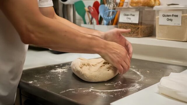 Medium shot showcasing small batch glutenfree bread production with focused hands handling dough in a dedicated sanitized zone ensuring allergen safety.