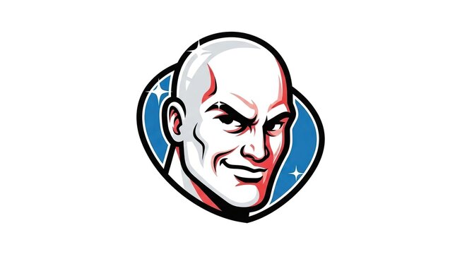 Cartoonish bald man with a sly smile and stars